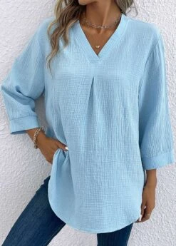 Light Blue Button Three Quarter Length Sleeve Blouse