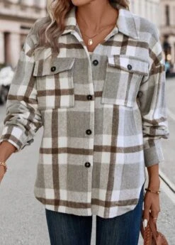 Light Grey Pocket Plaid Long Sleeve Shirt Collar Coat -Women Clothing Sales Store 337588 P 16899092363073