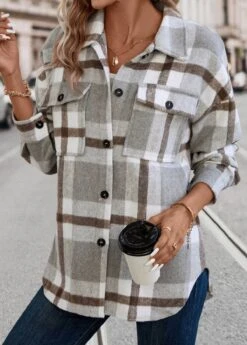 Light Grey Pocket Plaid Long Sleeve Shirt Collar Coat -Women Clothing Sales Store 337588 P 16899092365614