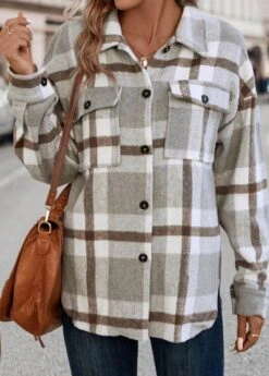 Light Grey Pocket Plaid Long Sleeve Shirt Collar Coat -Women Clothing Sales Store 337588 P 16899092369022