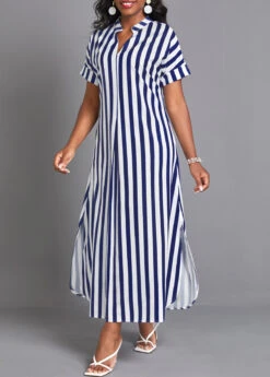 Navy Split Striped Maxi Shift Dress 6 Navy Split Striped Maxi Shift Dress -Women Clothing Sales Store 337602 P 16889876310402