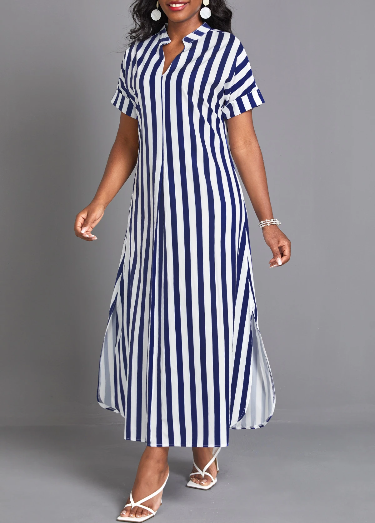 Navy Split Striped Maxi Shift Dress 3 Navy Split Striped Maxi Shift Dress - Image 3