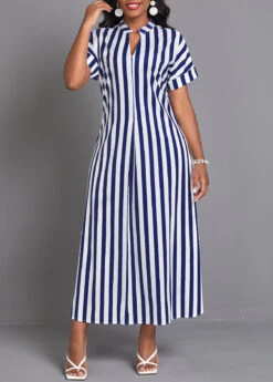 Navy Split Striped Maxi Shift Dress