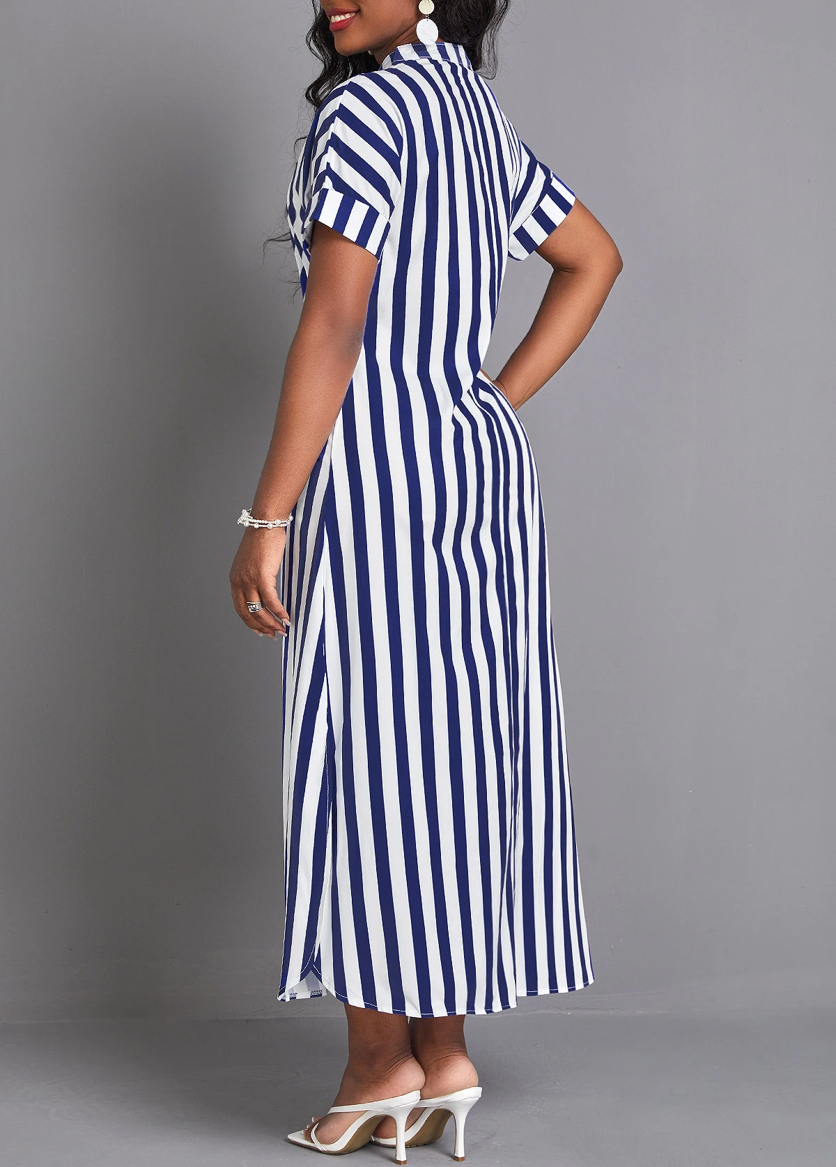 Navy Split Striped Maxi Shift Dress 2 Navy Split Striped Maxi Shift Dress - Image 2