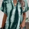 Turquoise Lightweight Ink Painting Print Short Sleeve Blouse