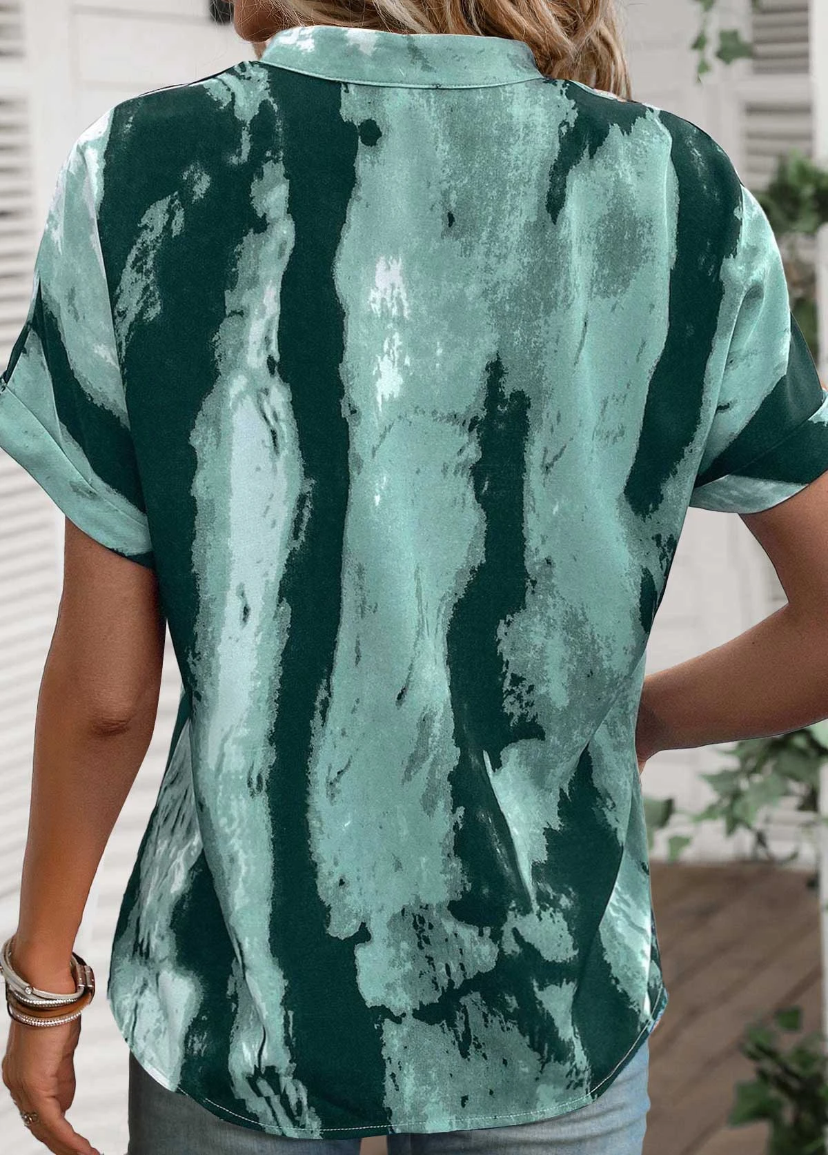 Turquoise Lightweight Ink Painting Print Short Sleeve Blouse 2 Turquoise Lightweight Ink Painting Print Short Sleeve Blouse - Image 2