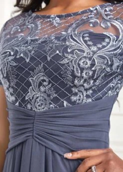 Dusty Blue Lace Patchwork Short Sleeve Dress -Women Clothing Sales Store 337669 P 16884526883284