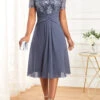 Dusty Blue Lace Patchwork Short Sleeve Dress