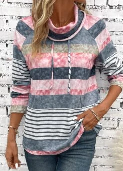 Multi Color Drawstring Striped Long Sleeve Cowl Neck Sweatshirt
