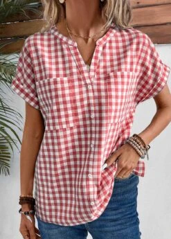 Red Pocket Plaid Short Sleeve Split Neck Blouse