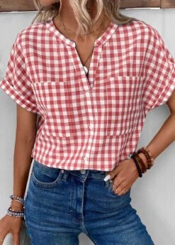 Red Pocket Plaid Short Sleeve Split Neck Blouse -Women Clothing Sales Store 337827 P 1688622129428