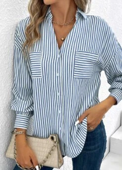 Blue Pocket Striped Long Sleeve Shirt Collar Blouse