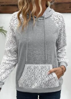 Patchwork Grey Lace Long Sleeve Hoodie 11 Patchwork Grey Lace Long Sleeve Hoodie -Women Clothing Sales Store 338002 P 16911500941855