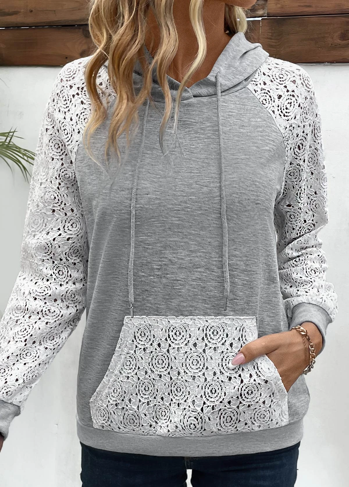 Patchwork Grey Lace Long Sleeve Hoodie 6 Patchwork Grey Lace Long Sleeve Hoodie - Image 6