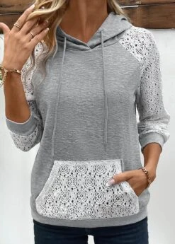 Patchwork Grey Lace Long Sleeve Hoodie 9 Patchwork Grey Lace Long Sleeve Hoodie -Women Clothing Sales Store 338002 P 16911500943523