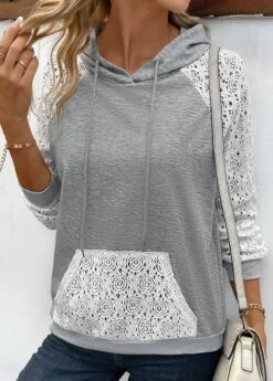 Patchwork Grey Lace Long Sleeve Hoodie 10 Patchwork Grey Lace Long Sleeve Hoodie -Women Clothing Sales Store 338002 P 16911500948634