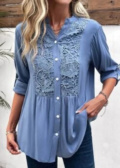 Denim Blue Lace Long Sleeve Split Neck Blouse