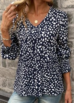 Navy Smocked Polka Dot Long Sleeve Blouse