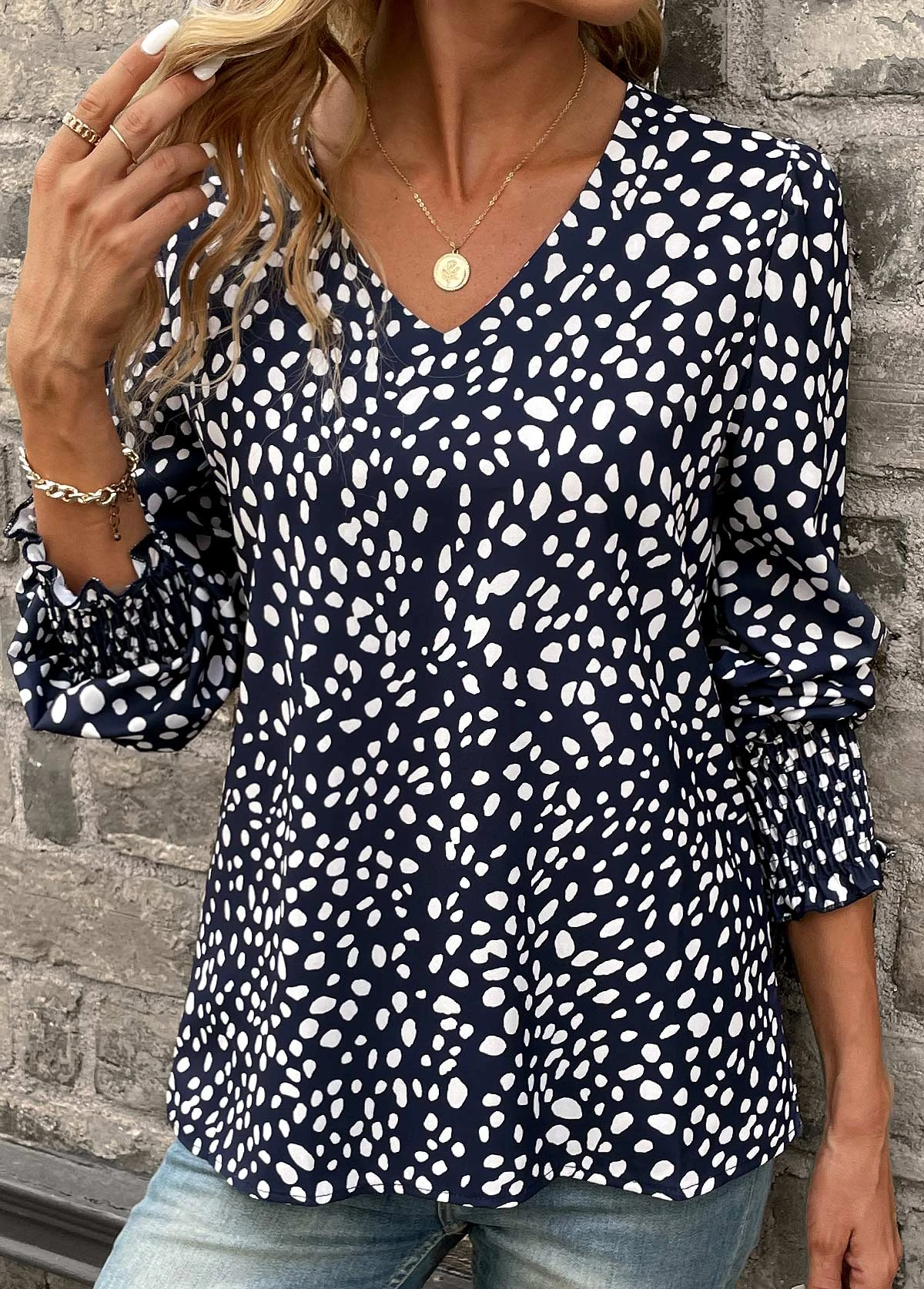 Navy Smocked Polka Dot Long Sleeve Blouse 1 Navy Smocked Polka Dot Long Sleeve Blouse