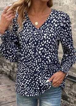 Navy Smocked Polka Dot Long Sleeve Blouse 8 Navy Smocked Polka Dot Long Sleeve Blouse -Women Clothing Sales Store 338011 P 16917494083473