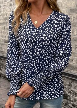 Navy Smocked Polka Dot Long Sleeve Blouse 7 Navy Smocked Polka Dot Long Sleeve Blouse -Women Clothing Sales Store 338011 P 16917494083652
