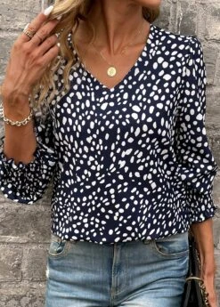 Navy Smocked Polka Dot Long Sleeve Blouse 9 Navy Smocked Polka Dot Long Sleeve Blouse -Women Clothing Sales Store 338011 P 16917494085324