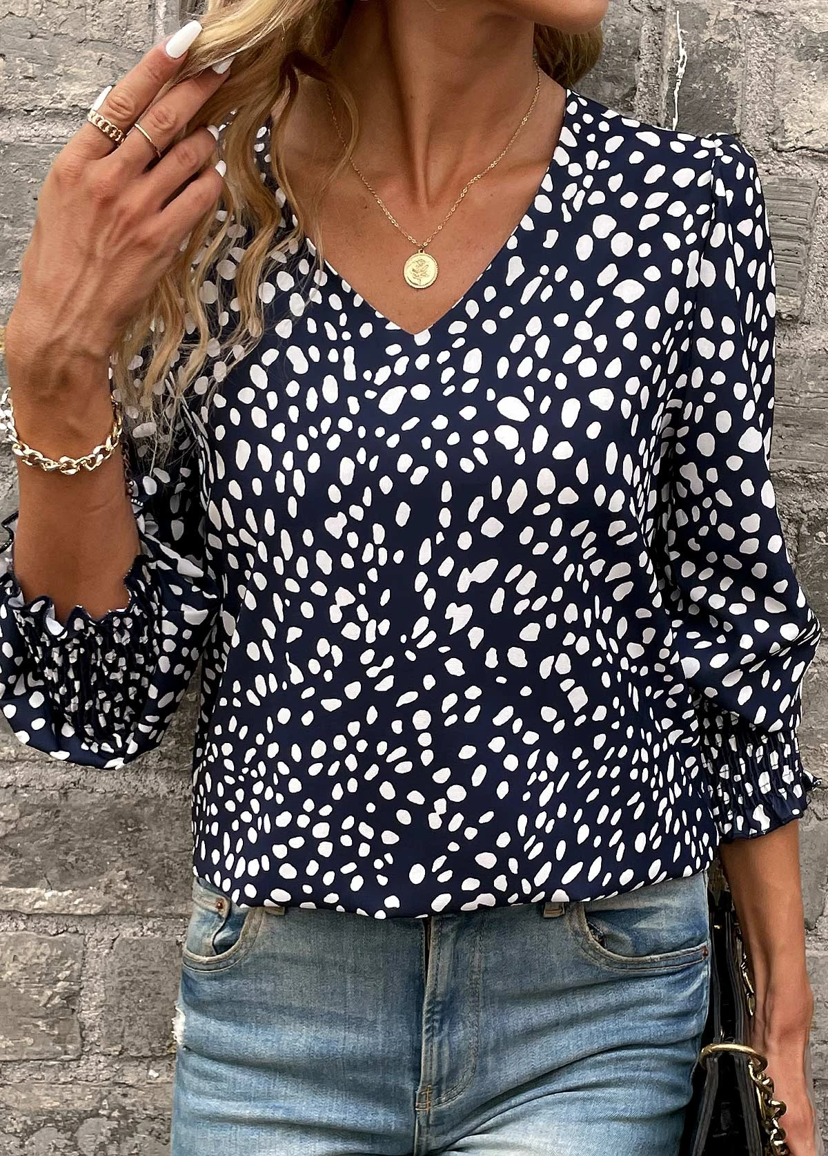 Navy Smocked Polka Dot Long Sleeve Blouse 5 Navy Smocked Polka Dot Long Sleeve Blouse - Image 5