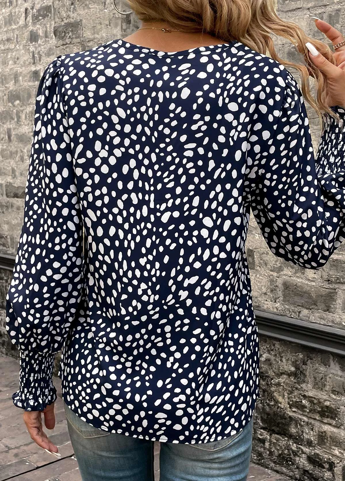 Navy Smocked Polka Dot Long Sleeve Blouse 2 Navy Smocked Polka Dot Long Sleeve Blouse - Image 2
