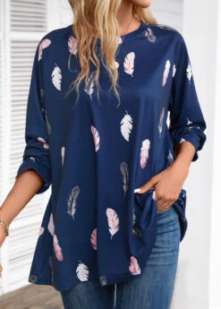 Navy Feathers Print Extra Long Sleeve Round Neck Blouse -Women Clothing Sales Store 338015 P 16982318441553