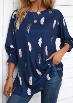 Navy Feathers Print Extra Long Sleeve Round Neck Blouse -Women Clothing Sales Store 338015 P 16982318443272