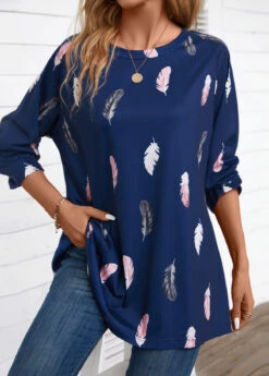 Navy Feathers Print Extra Long Sleeve Round Neck Blouse -Women Clothing Sales Store 338015 P 16982318444324