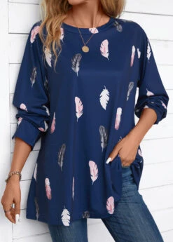 Navy Feathers Print Extra Long Sleeve Round Neck Blouse