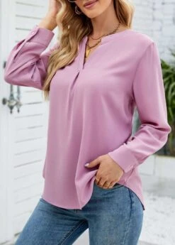 Pink Button Split Long Sleeve Blouse -Women Clothing Sales Store 338149 P 1689657328175