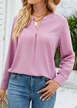 Pink Button Split Long Sleeve Blouse -Women Clothing Sales Store 338149 P 1689657328645