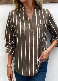 Dark Coffee Pocket Striped Long Sleeve Blouse