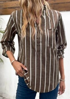 Dark Coffee Pocket Striped Long Sleeve Blouse -Women Clothing Sales Store 338262 P 16969014010514