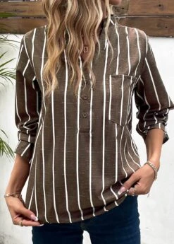 Dark Coffee Pocket Striped Long Sleeve Blouse -Women Clothing Sales Store 338262 P 16969014012525