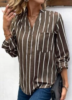 Dark Coffee Pocket Striped Long Sleeve Blouse -Women Clothing Sales Store 338262 P 16969014014433