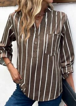 Dark Coffee Pocket Striped Long Sleeve Blouse -Women Clothing Sales Store 338262 P 16969014016802