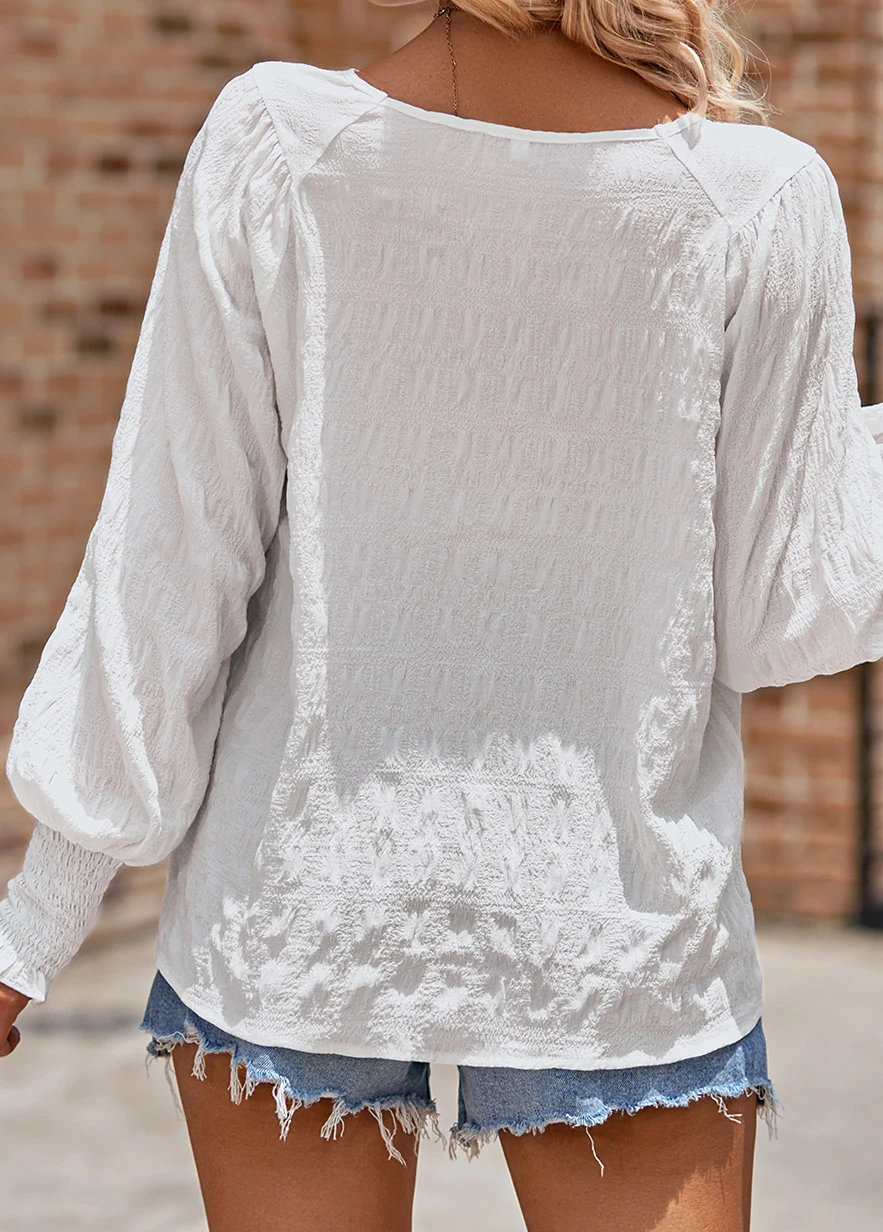 White Smocked Long Sleeve Round Neck Blouse 2 White Smocked Long Sleeve Round Neck Blouse - Image 2