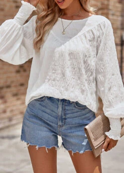 White Smocked Long Sleeve Round Neck Blouse 6 White Smocked Long Sleeve Round Neck Blouse -Women Clothing Sales Store 338347 P 1689311288412