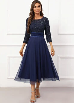 Navy Lace Three Quarter Length Sleeve Boat Neck Dress -Women Clothing Sales Store 338442 P 16951202061130