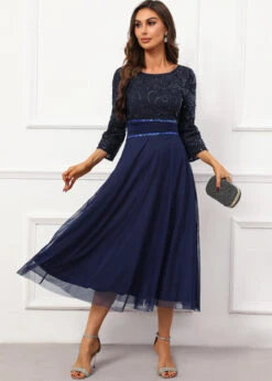 Navy Lace Three Quarter Length Sleeve Boat Neck Dress -Women Clothing Sales Store 338442 P 16951202061374