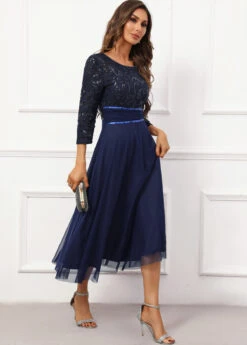 Navy Lace Three Quarter Length Sleeve Boat Neck Dress -Women Clothing Sales Store 338442 P 16951202064272