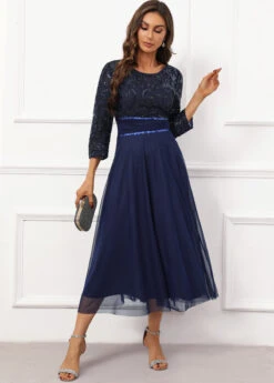 Navy Lace Three Quarter Length Sleeve Boat Neck Dress -Women Clothing Sales Store 338442 P 16951202066255
