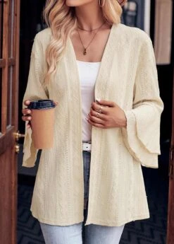Beige Layered Long Sleeve V Neck Coat