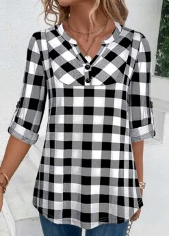 Black Button Plaid Three Quarter Length Sleeve Blouse