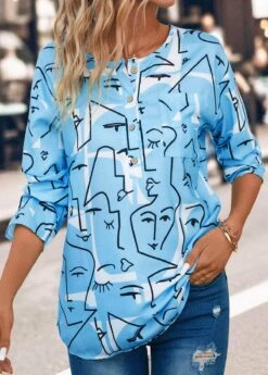 Sky Blue Button Graffiti Print Long Sleeve Blouse