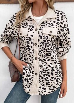 Beige Patchwork Leopard Long Sleeve Shirt Collar Coat