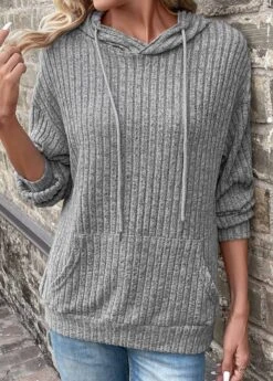 Grey Pocket Long Sleeve Hooded Sweatshirt -Women Clothing Sales Store 338974 P 16916645744243